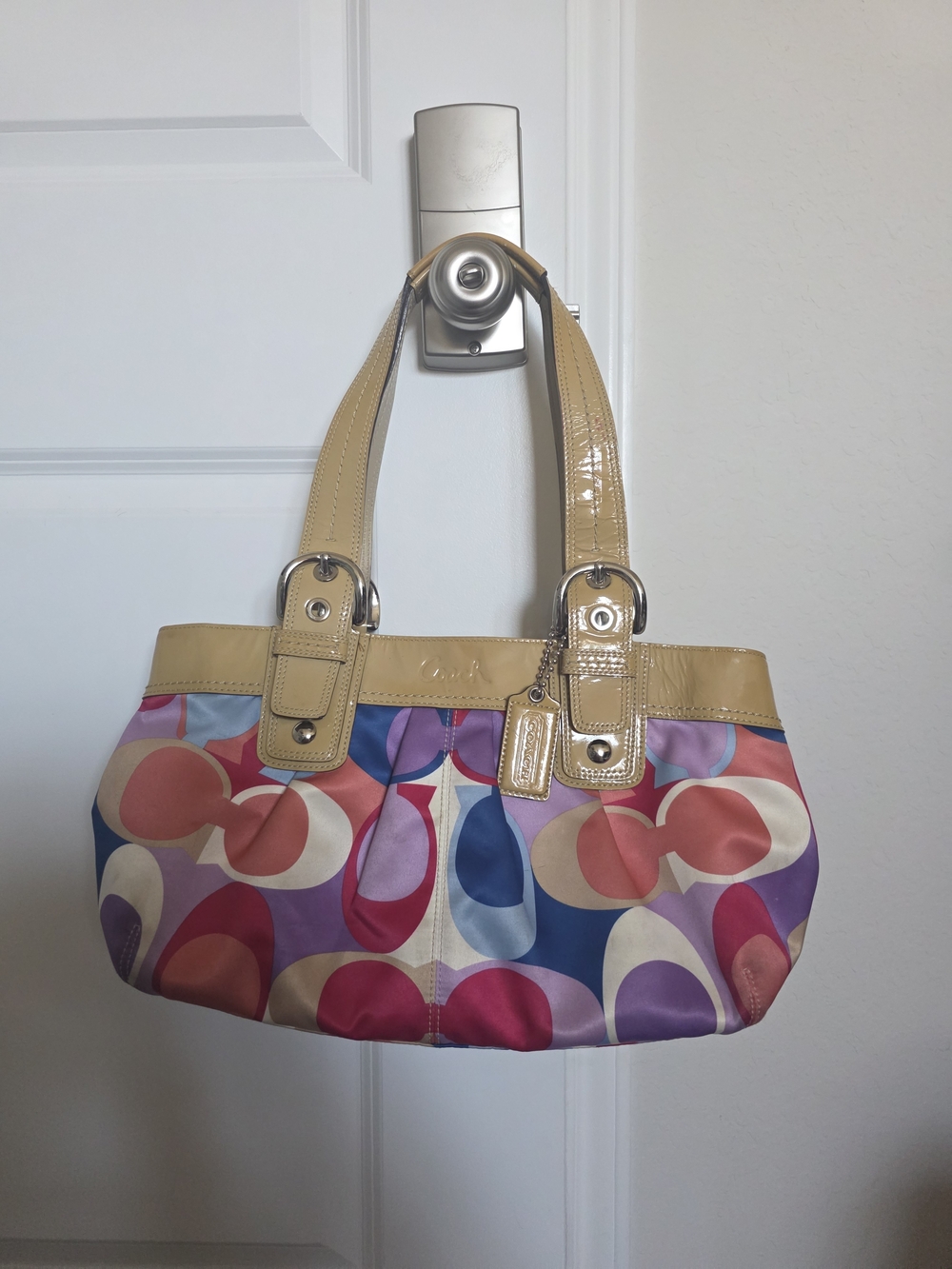 Coach Multicolor Signature Print Tote with Beige Patent Trim